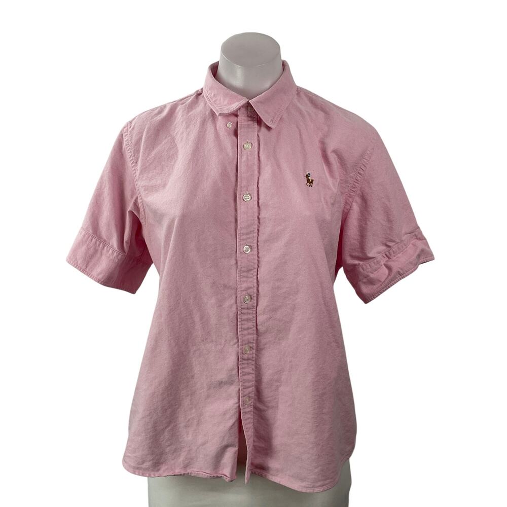 Ralph Lauren Women's Pink Cotton Short Sleeve Button Down Shirt Top Size 14